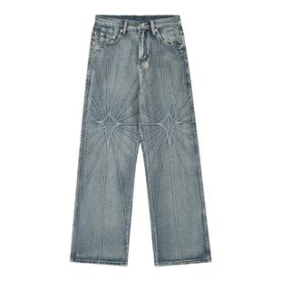 YZL工坊 原创朴宰范同款中腰宽松牛仔裤男刺绣水洗垂感休闲阔腿裤