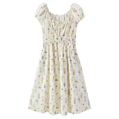 森马法式蝴蝶结收腰碎花连衣裙女