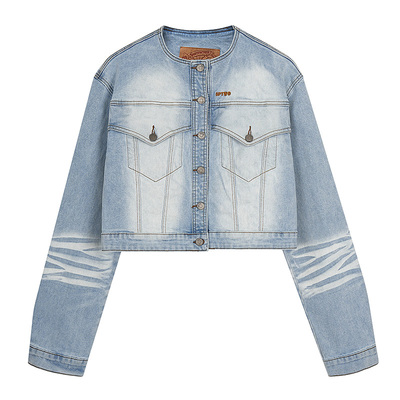 复古猫须磨白立领牛仔夹克女外套