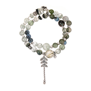 「岚雾」天然绿幽灵海蓝宝绿发晶灰月光水晶双圈手串招财银手链女