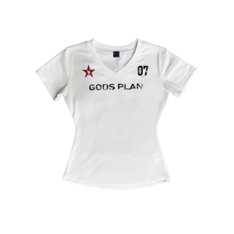 Gods plan*上帝计划25ss原创暗黑小众V领数字印花修身收腰短袖女