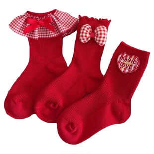 过年节日女童红袜子秋冬新年红格子蝴蝶结儿童双针织中筒袜公主袜