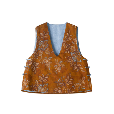 人丝复古花绘提花V领马甲