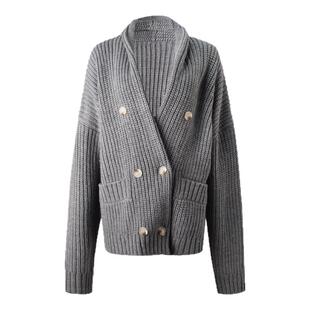 ourhour 慵懒风 灰色大口袋V领双排扣落肩针织开衫 女设计感毛衣