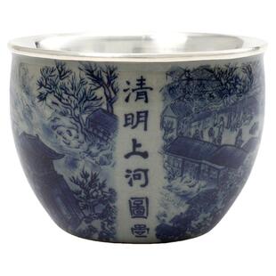 银茶杯 纯银999包银杯主人杯品茗杯纯手工中式瓷包银杯子 爱莲