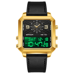 方形手表男士双显石英电子表大表盘防水夜光闹钟计时潮酷商务休闲