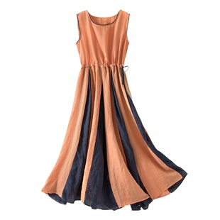 谖草心/冉裳原创气质连衣裙神范撞色夏季橘红色拼接文艺苎麻a裙子