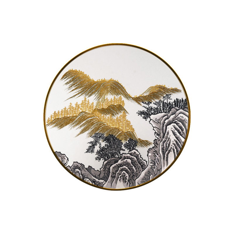 现货新中式手工苏绣千里江山青花松寿长春圆形玄关背景墙装饰挂画