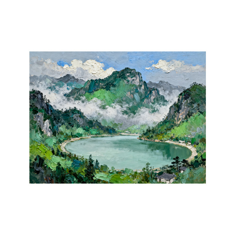 手绘山水油画湖山仙境客厅装饰画