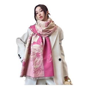 围巾女秋冬季韩版玉兰花百搭时尚围脖加厚双面保暖大披肩外搭新款