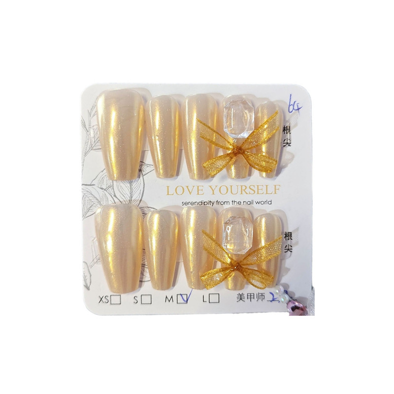 落日黄极光丝带蝴蝶结手工穿戴甲仙女冰透方钻美甲贴夏日假指甲片