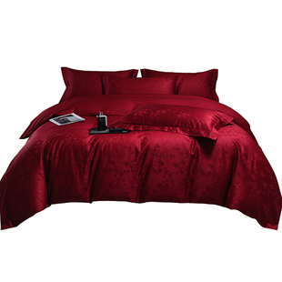 轻奢风婚庆四件套100S长绒棉提花被套酒红色纯棉床单结婚床上用品