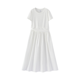 森马连衣裙女夏圆领褶皱收腰拼接凉感2026新款小心机气质优雅长裙