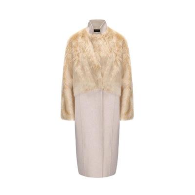 仿皮草拼接长款绵羊毛大衣