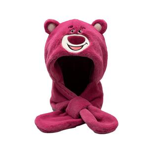 萨驰奴正版草莓熊毛绒帽子围巾连帽一体女秋冬季保暖可爱防风围脖