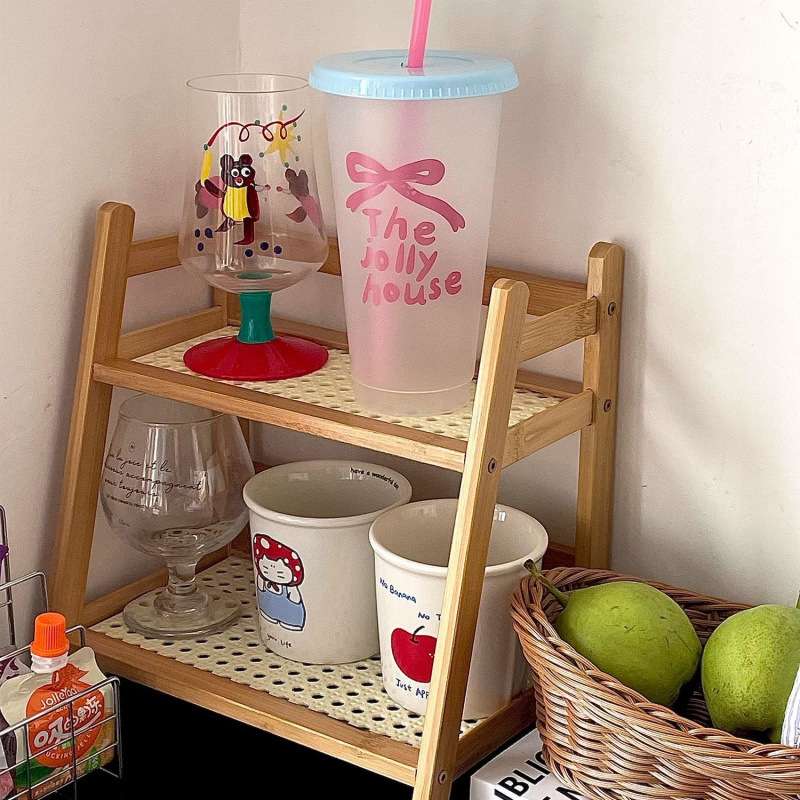 藤编收纳双层桌面置物架宿舍整理厨房办公展示架神器架收纳杯摆放