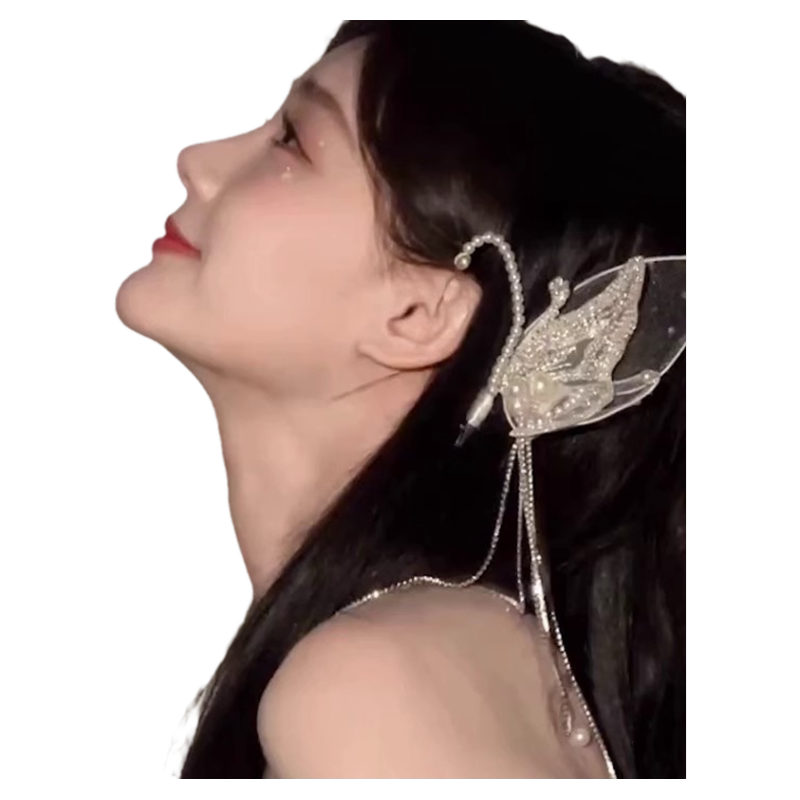 女明星同款发夹超仙蝴蝶珍珠流苏发卡头饰女精灵新娘婚纱仙女发饰
