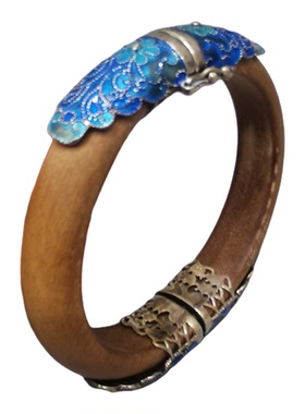 景泰蓝手镯女款纯银镶玛瑙崖柏木烧蓝珐琅彩开口复古高档礼物镯子