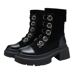 MIO米奥冬季短靴圆头高跟中筒瘦瘦靴金属扣带酷感厚底马丁靴女