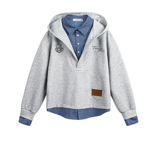 悟空有货格子衬衫拼接假两件连帽卫衣男美式复古学院风运动帽衫潮