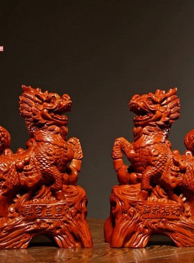 花梨木雕麒麟摆件实木家居客厅电视柜玄关办公桌面装饰红木工艺品