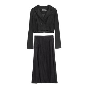 纳帕佳2024春季新款简约黑色西装两件套裙短外套简洁半身长裙套装