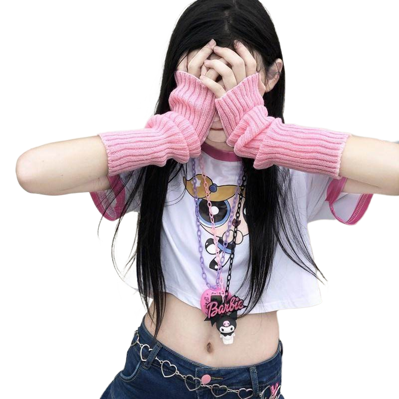 日系原宿风暴力萝莉彩色土酷女孩潮蹦迪嘻哈露指毛线针织手套袖套