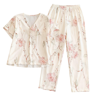 2026新款棉绸睡衣加大码女夏薄款家居服国风宽松可外穿人造棉套装