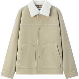 森马外套男冬季加绒宽松肌理雪尼尔夹克仿羊羔毛翻领上衣时尚复古