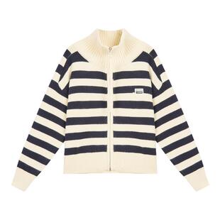 紫涵半高领针织开衫女2025冬季新款撞色藏青条纹宽松拉链毛衣外套