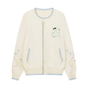 BIPOLAR一字绣星芒开衫针织衫韩系休闲撞色宽松上衣百搭圆领毛衣