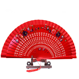 西班牙婚庆道具咏春走秀用爵士舞蹈扇子中国风大红色木质女士折扇