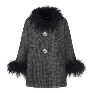 NanaJacqueline羽毛拼接亮片编织大衣女冬新款钻扣外套复古千金风