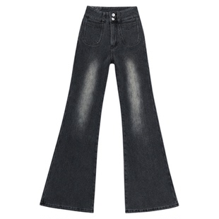 黑色加绒弹力不贴腿微喇叭牛仔裤女2025冬季新款高腰小个子直筒裤