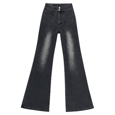 黑色加绒弹力不贴腿微喇叭牛仔裤