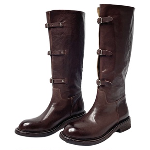雪密欧新款高端复古做旧水洗马皮长筒骑士靴女时尚粗跟不过膝长靴