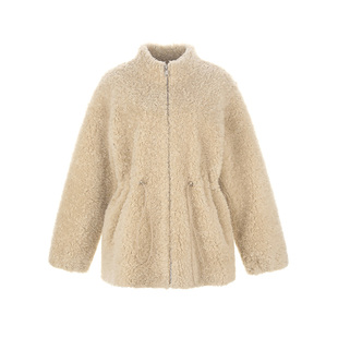 wana try100%绵羊毛立领复合皮毛一体大衣25冬新品米黄色气质外套