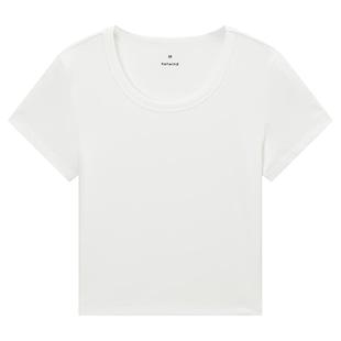 热风白色短袖T恤2025年夏季新款女士U领短袖小个子短款上衣打底衫