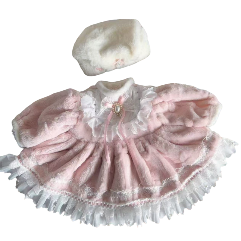 50-55cm重生娃娃衣服毛毛裙子冬季加厚套装 女孩毛绒绒皮草连衣裙