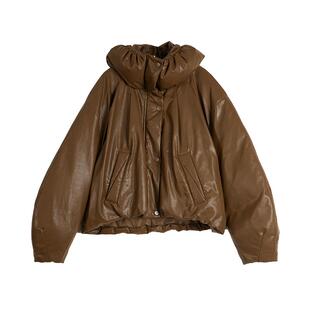 ELLE深棕色复古短款羽绒服女90白鸭绒休闲百搭时尚通勤风2025冬季