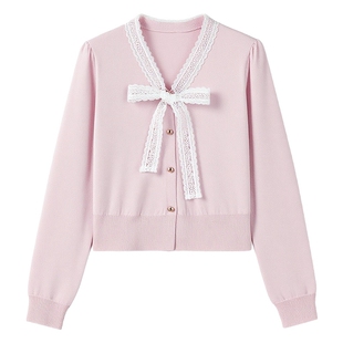 秋水伊人温柔蕾丝领边上衣2026年春季新款休闲宽松罗纹紧致针织衫