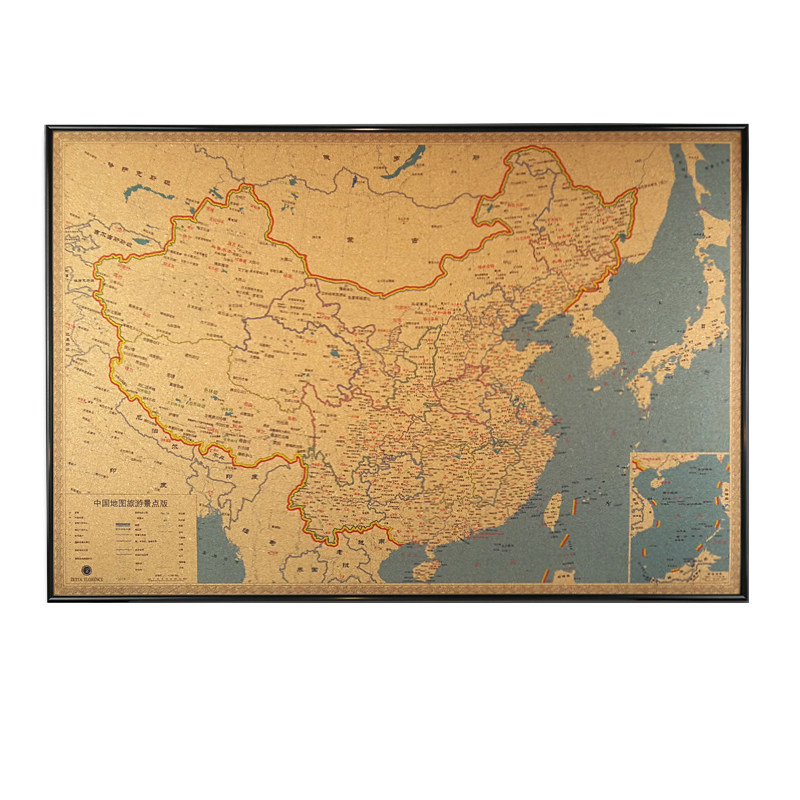 软木板复古世界地图中文版，中国旅游地图打卡标记足迹地图照片墙