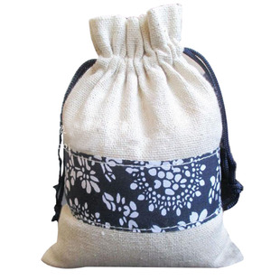 亚麻束口袋青花纹饰收纳袋礼品包装抽绳小布包古典风首饰佛珠袋