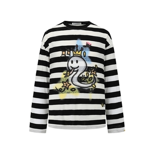 辛芷蕾江疏影同款Alexia Sandra新款小财神贪吃蛇宽松条纹长袖T恤