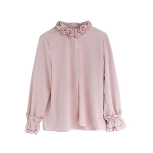 印计谷羽玫瑰烧花领设计灯芯绒衬衫女春夏季木耳花边长袖日系衬衣