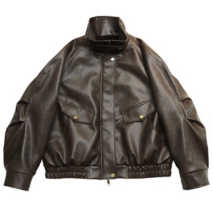 鹿与飞鸟“深焙摩卡”PU皮复古机车风加厚廓形外套配毛毛围巾7132