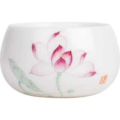 匠仙手绘羊脂玉主人杯荷花