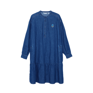 MOVEUP幻走2025秋季新款.FUN系列纯棉小立领绣花章仔牛仔连衣裙女