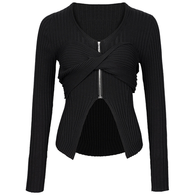 DKZ 初秋女装新款黑色拉链针织衫百搭显瘦甜酷辣妹设计感套头上衣