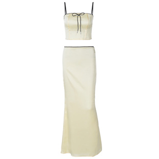 欧美风时尚套装性感一字领吊带背心高腰显瘦微喇半身裙女装两件套